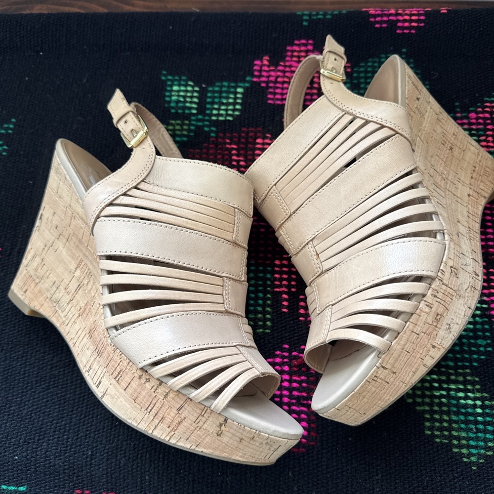 Franco Sarto Sharp Leather Platform Wedge Heels Slingback Sandals Size 8 M Tan - Picture 4 of 11